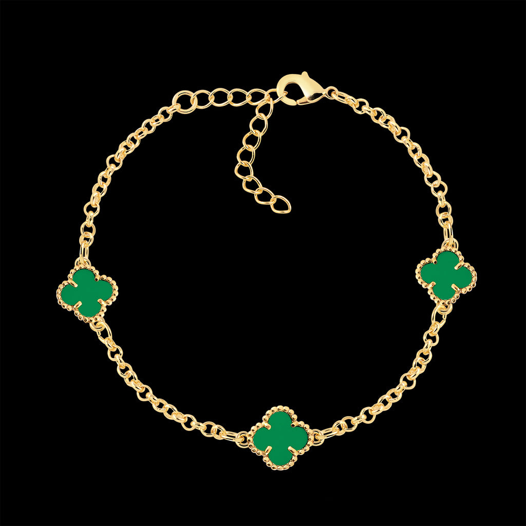 Kit Corrente e Pulseira Elo Português 2mm Trevo Esmeralda Banhado A Ouro 18k