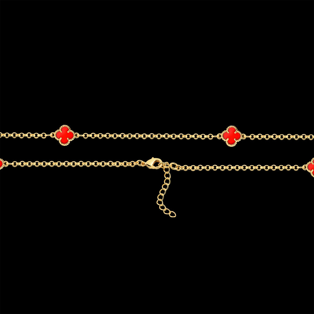 Kit Corrente e Pulseira Elo Português 2mm Trevo Rubi Banhado A Ouro 18k