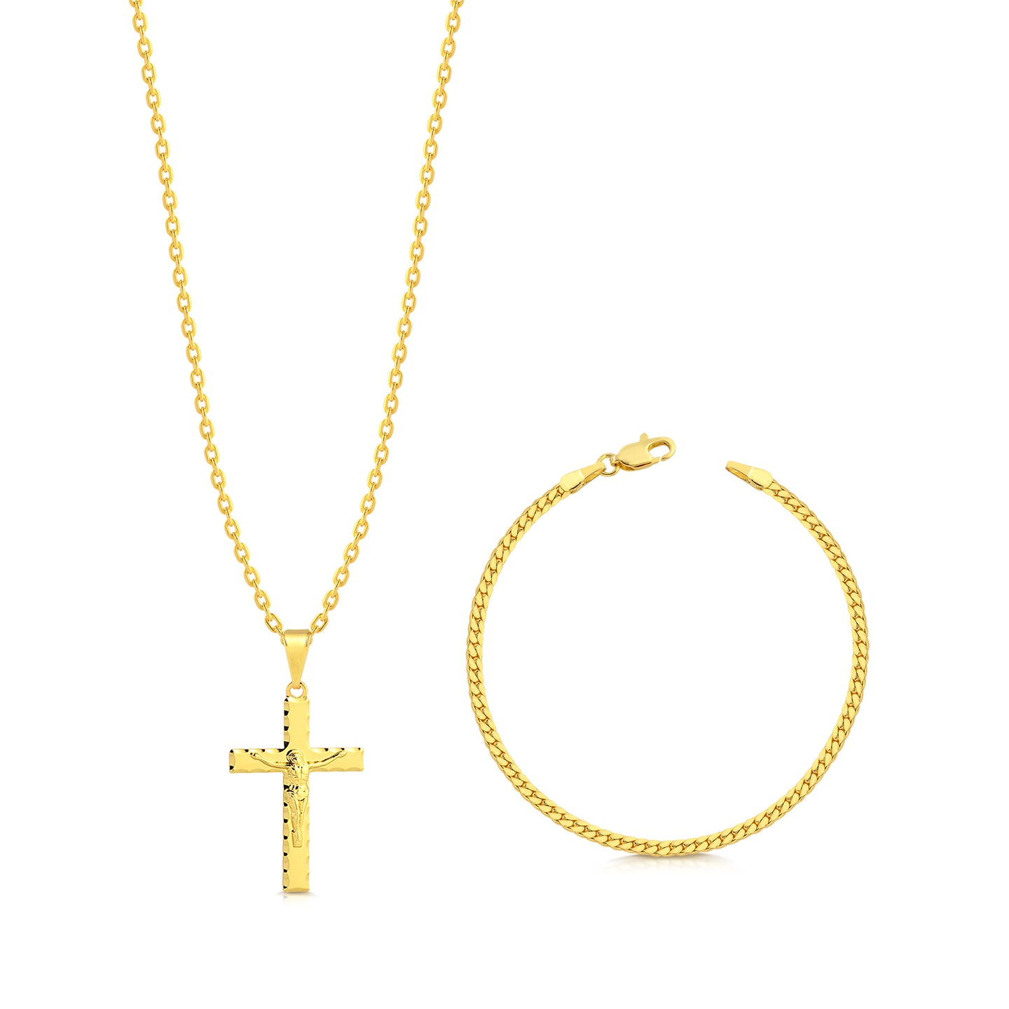 Colar Crucifixo Jesus Na Cruz - Corrente Cadeado e Pulseira Grumet Flat Banhado A Ouro 18k