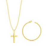 Colar Crucifixo Jesus Na Cruz - Corrente Cadeado e Pulseira Grumet Flat Banhado A Ouro 18k
