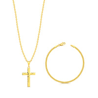 Colar Crucifixo Jesus Na Cruz - Corrente Cadeado e Pulseira Grumet Flat Banhado A Ouro 18k