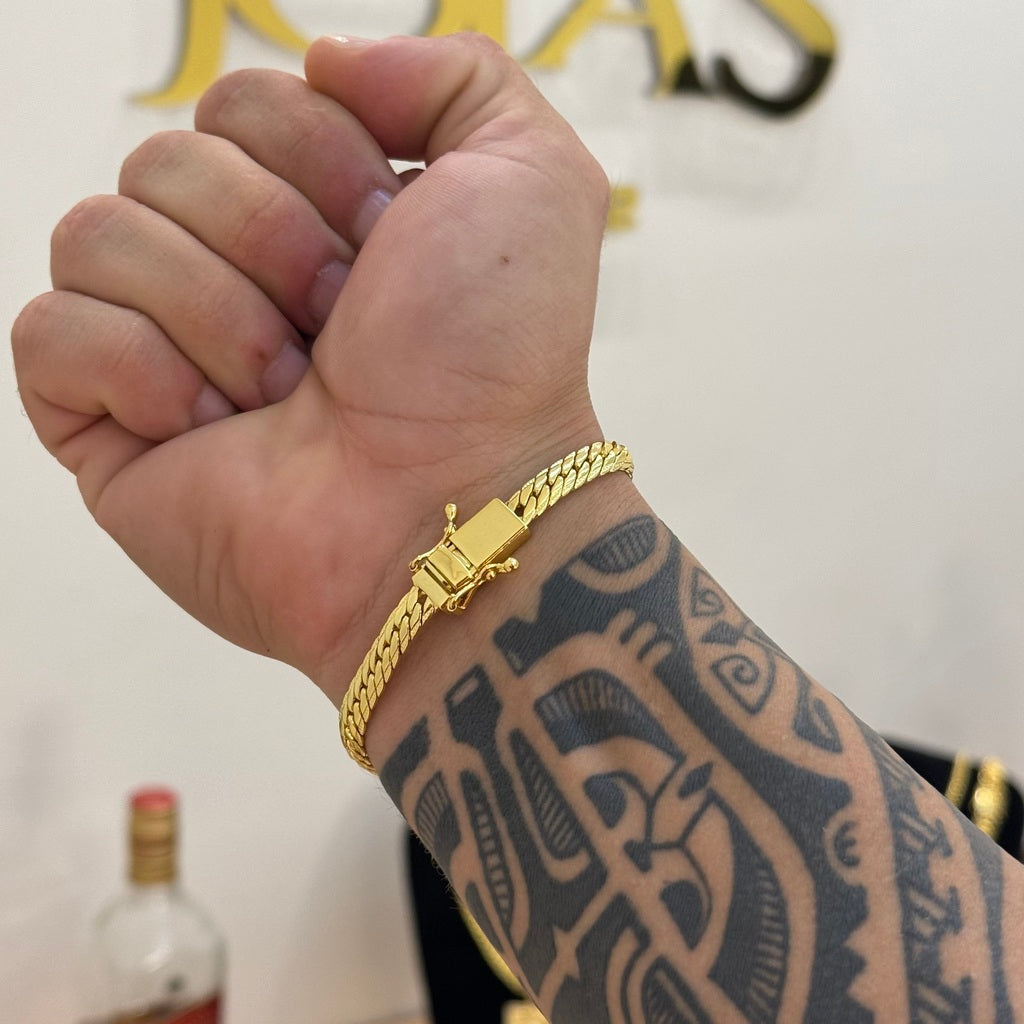 Kit Corrente e Pulseira Grumet Flat Detalhada 6mm Fecho Duplo Banhado A Ouro 18k