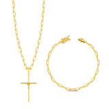 Colar Crucifixo Palito G - Corrente e Pulseira Cadeado Alongado Banhado A Ouro 18k