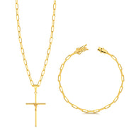 Colar Crucifixo Palito G - Corrente e Pulseira Cadeado Alongado Banhado A Ouro 18k