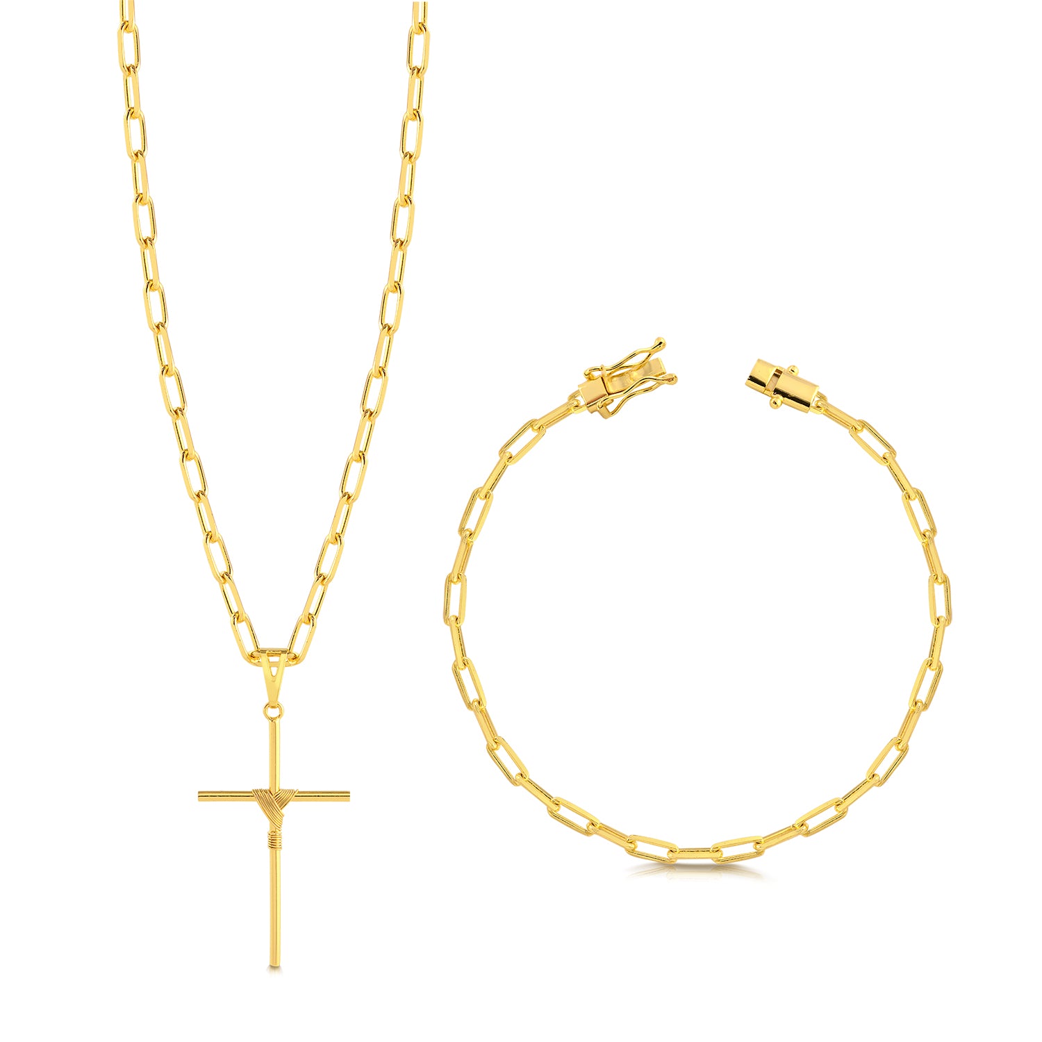 Colar Crucifixo Palito G - Corrente e Pulseira Cadeado Alongado Banhado A Ouro 18k