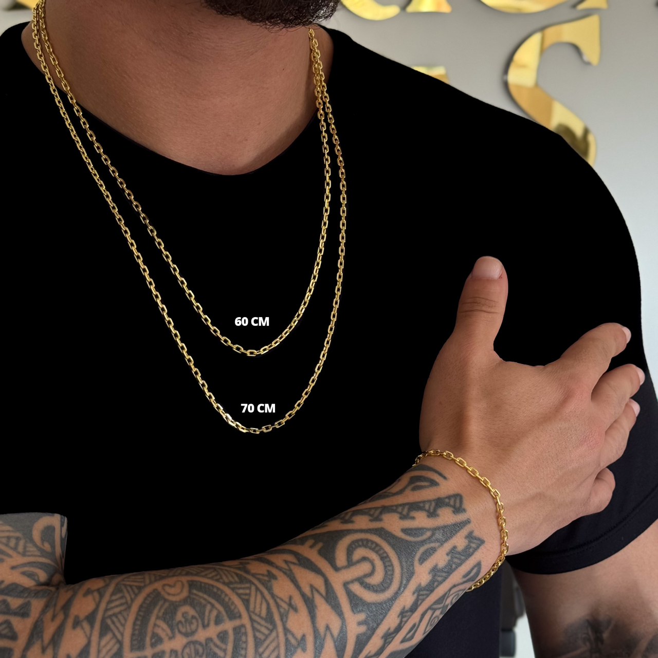 Kit Corrente e Pulseira Cadeado 3,5mm Fecho Duplo Banhado A Ouro 18k