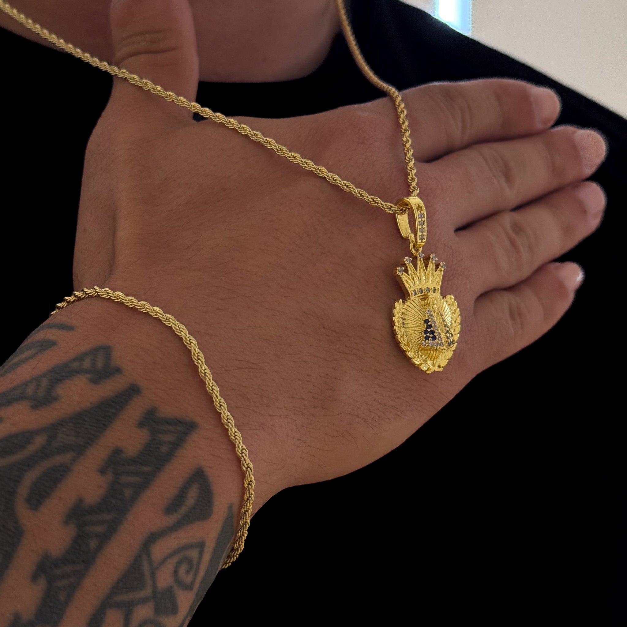 Colar Coração N. Sra. Aparecida Cravejado P - Corrente e Pulseira Baiana Banhado A Ouro 18k