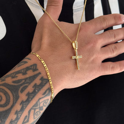 Colar Crucifixo Amarrado Cravejado - Corrente Elo Português e Pulseira Piastrine Banhado A Ouro 18k