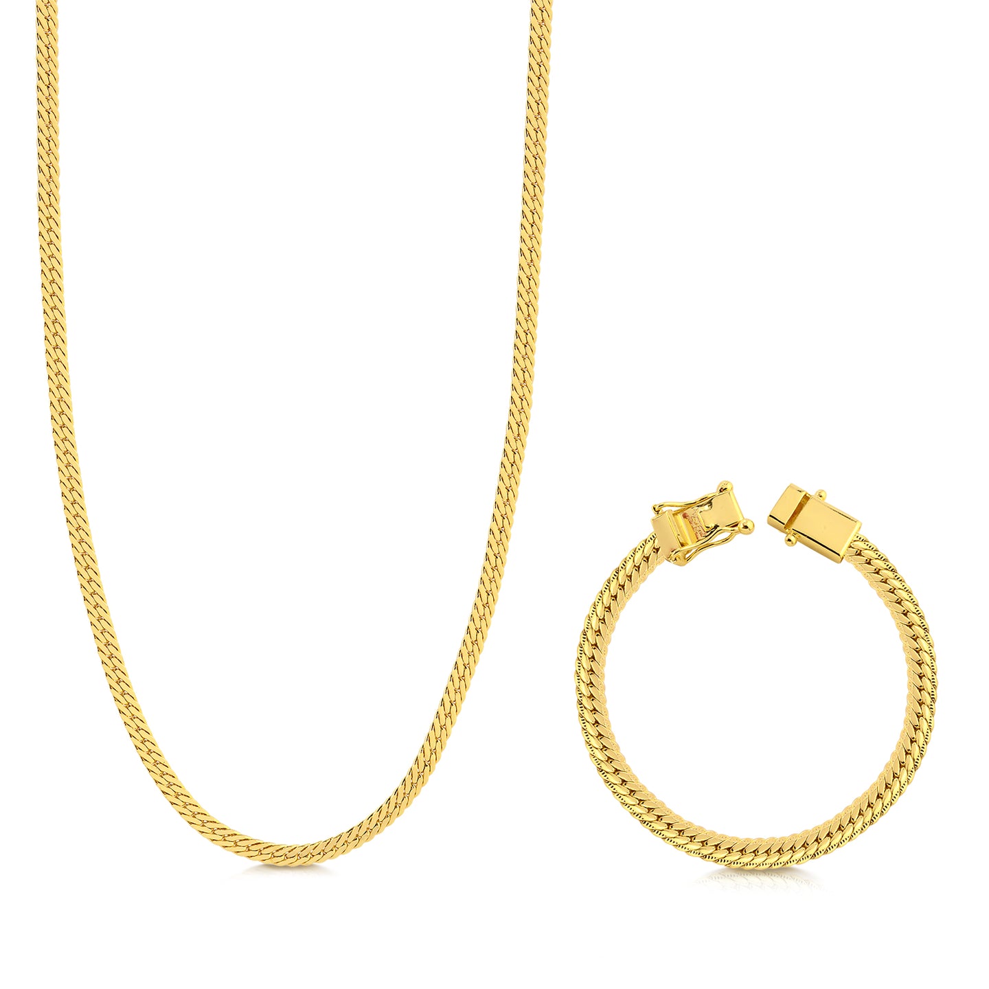 Kit Corrente e Pulseira Grumet Flat Detalhada Banhado A Ouro 18k