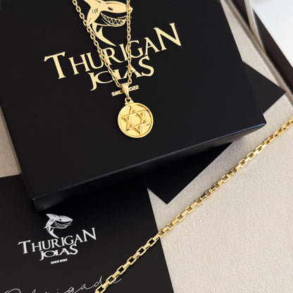 Colar Medalha Estrela De Davi - Corrente Cadeado e Pulseira Veneziana Banhado A Ouro 18k