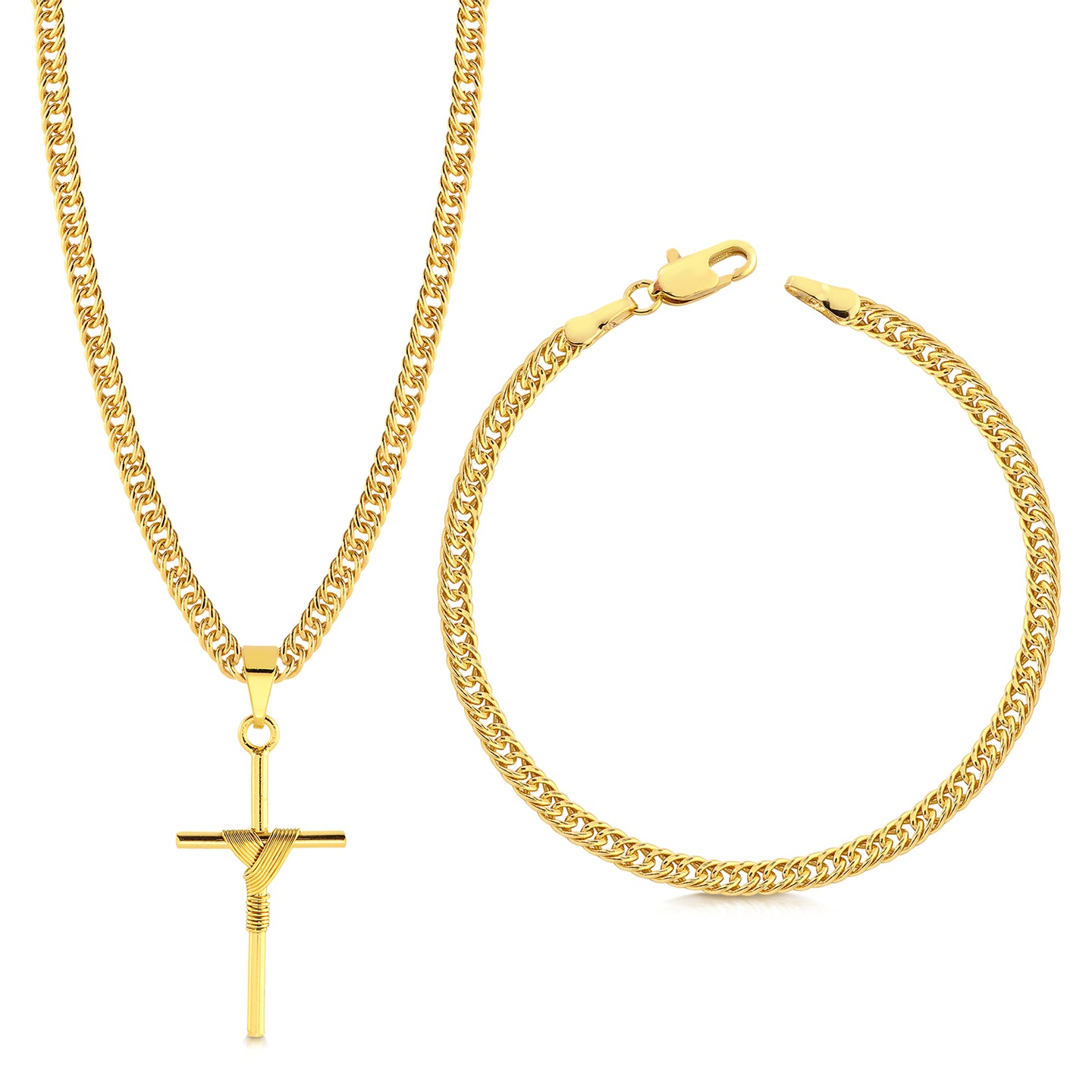Colar Crucifixo Palito P - Corrente e Pulseira Lacraia Banhado A Ouro 18k