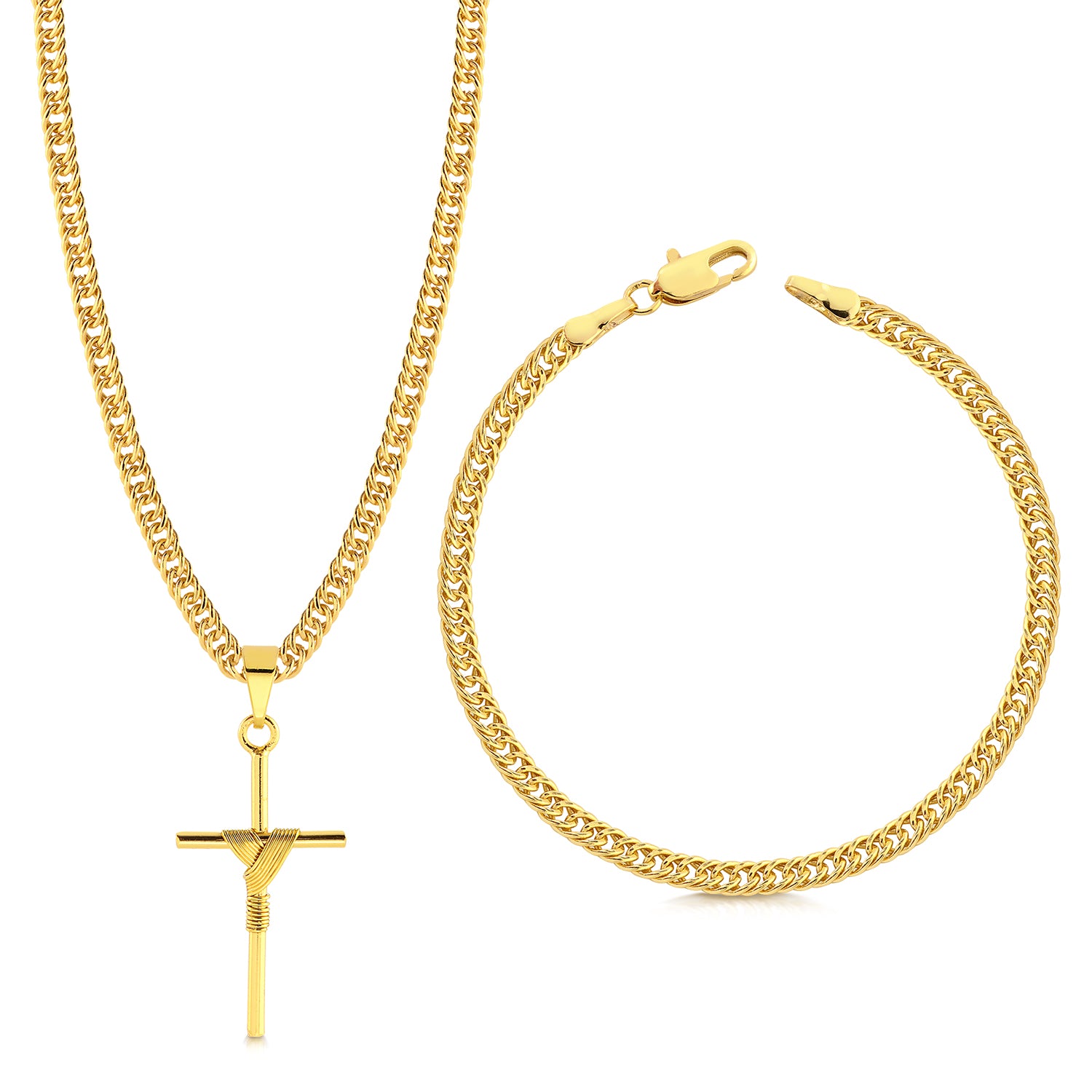 Colar Crucifixo Palito P - Corrente e Pulseira Lacraia Banhado A Ouro 18k