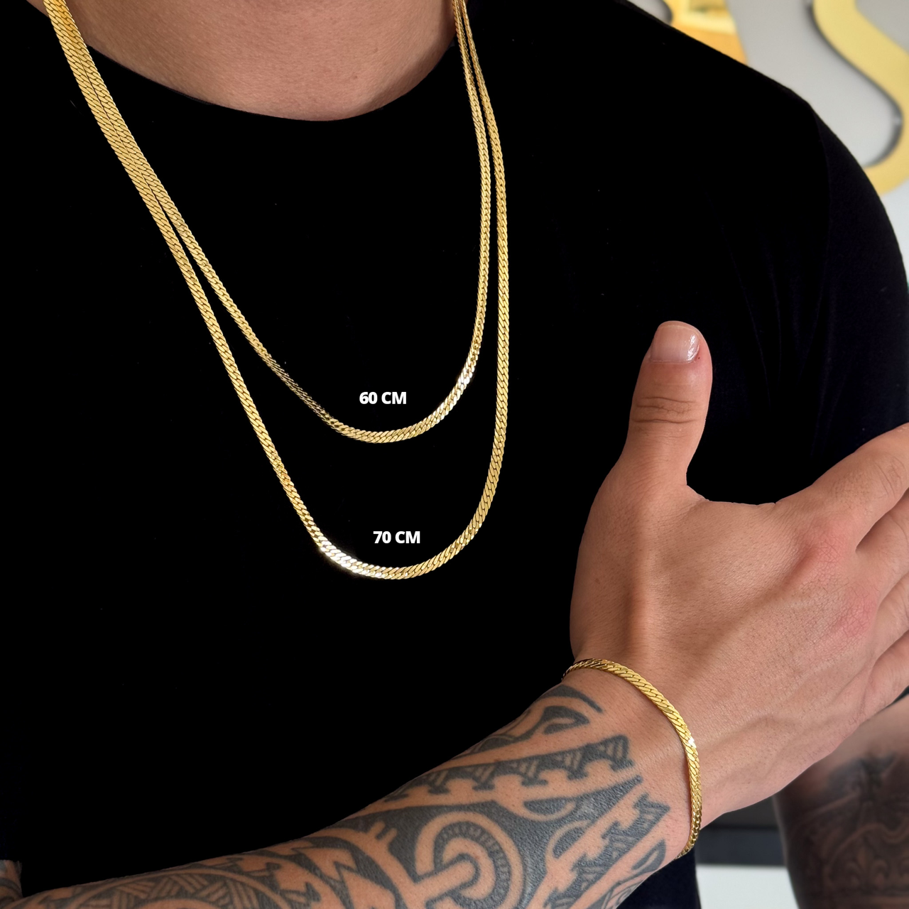 Kit Corrente e Pulseira Palmeira 3mm Fecho Bomba Banhado A Ouro 18k