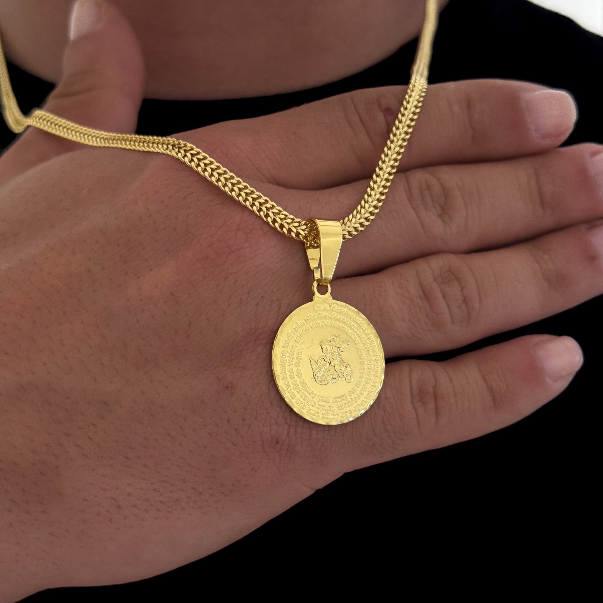 Colar Medalha São Jorge Oração - Corrente Grumet Dupla Banhado A Ouro 18k