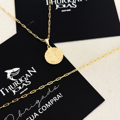 Colar Medalha De São Bento - Corrente e Pulseira Cadeado Alongado Banhado A Ouro 18k