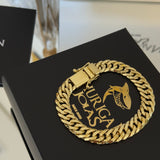 Kit Corrente e Pulseira Lacraia 10mm Fecho Duplo Banhado A Ouro 18k