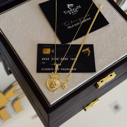 Colar Coração N. Sra. Aparecida Cravejado P - Corrente Veneziana e Pulseira Grumet Flat Banhado A Ouro 18k