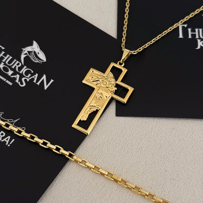 Colar Crucifixo Com Jesus Vazado - Corrente Cadeado e Pulseira Veneziana Banhado A Ouro 18k