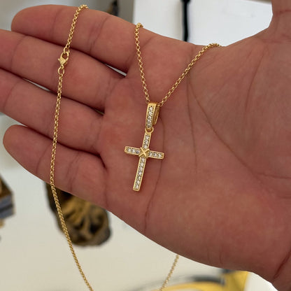 Colar Crucifixo Amarrado Cravejado - Corrente Elo Português e Pulseira Piastrine Banhado A Ouro 18k