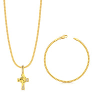 Colar Crucifixo Face De Cristo Detalhado Cravejado P - Corrente e Pulseira Grumet Flat Banhado A Ouro 18k