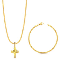 Colar Crucifixo Face De Cristo Detalhado Cravejado P - Corrente e Pulseira Grumet Flat Banhado A Ouro 18k