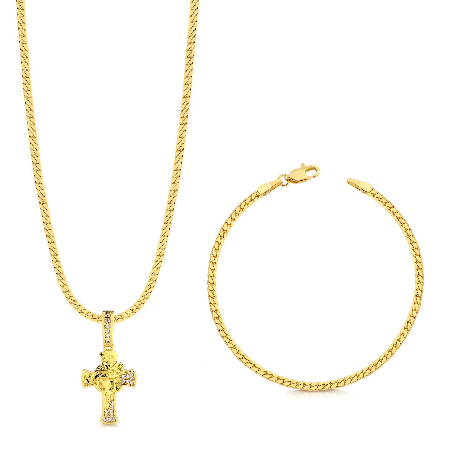 Colar Crucifixo Face De Cristo Detalhado Cravejado P - Corrente e Pulseira Grumet Flat Banhado A Ouro 18k