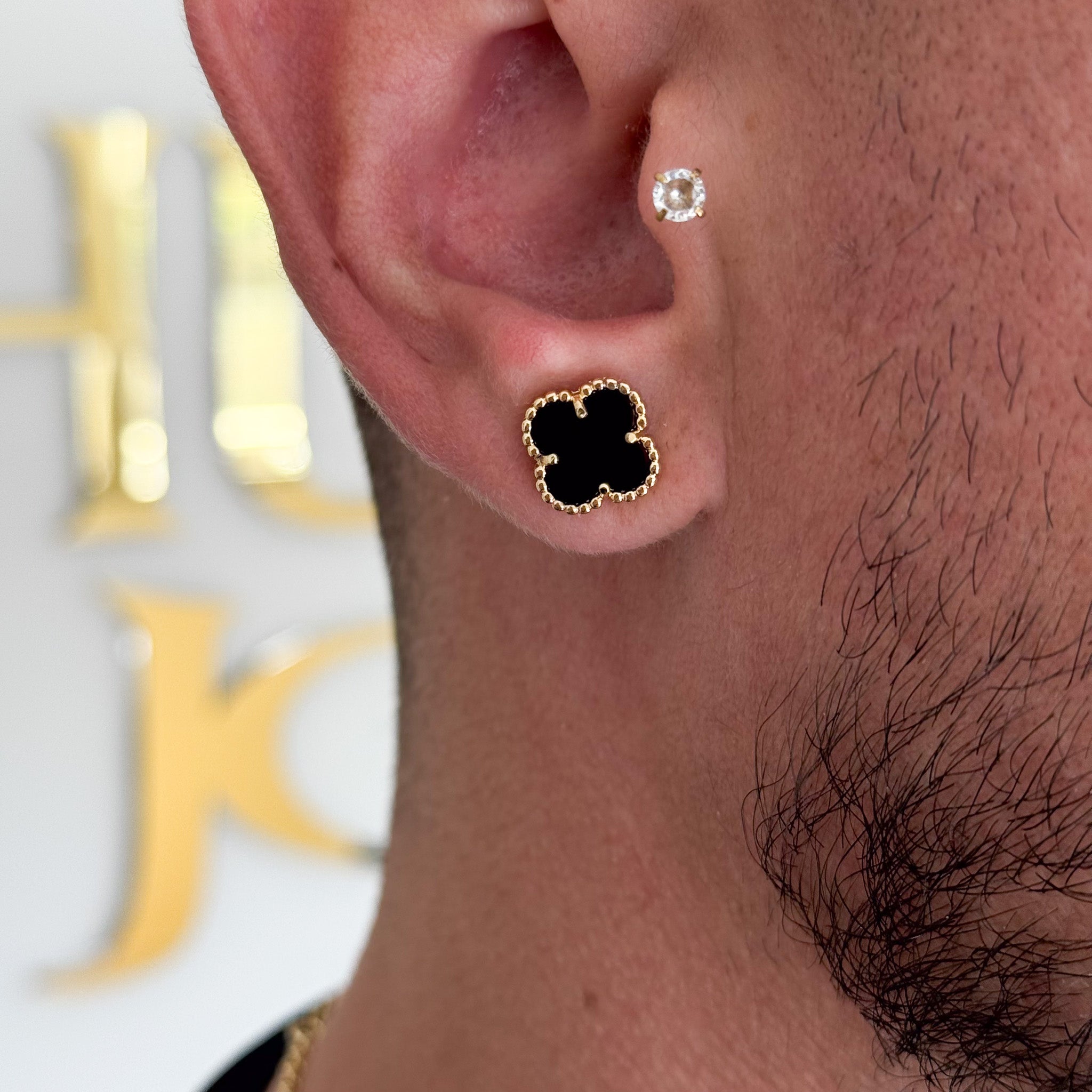 Kit Brinco e Corrente Elo Português Trevo Ônix Banhado A Ouro 18k