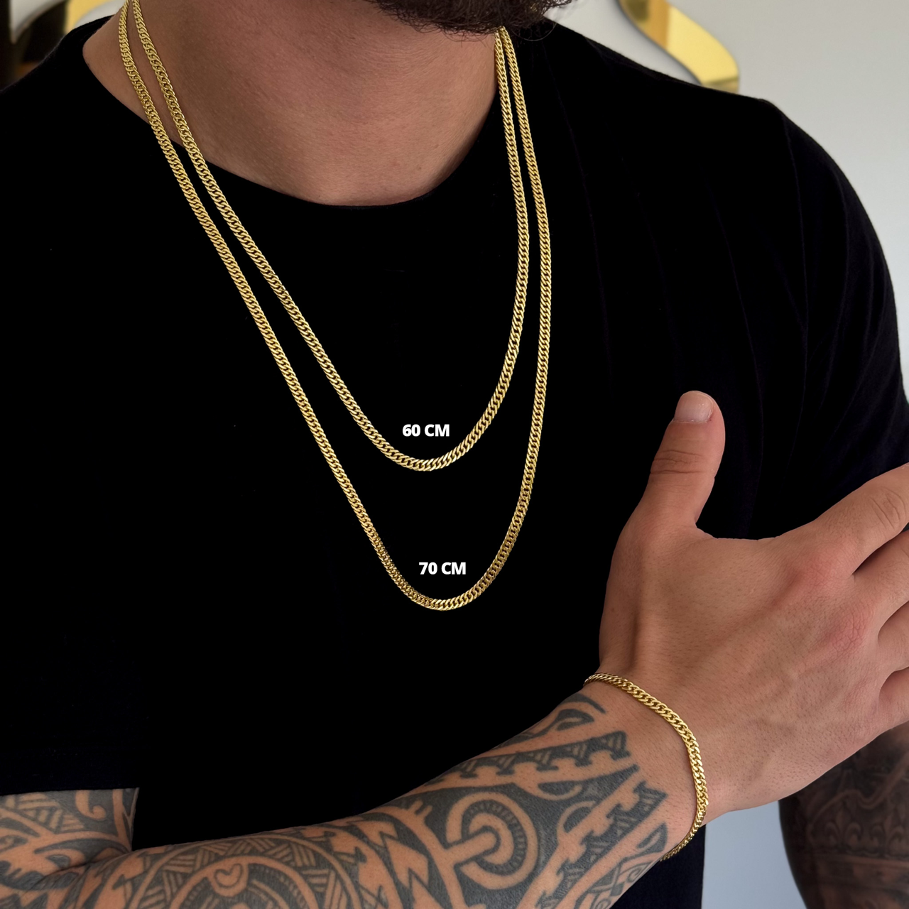 Kit Corrente e Pulseira Lacraia 6mm Fecho Duplo Banhado A Ouro 18k