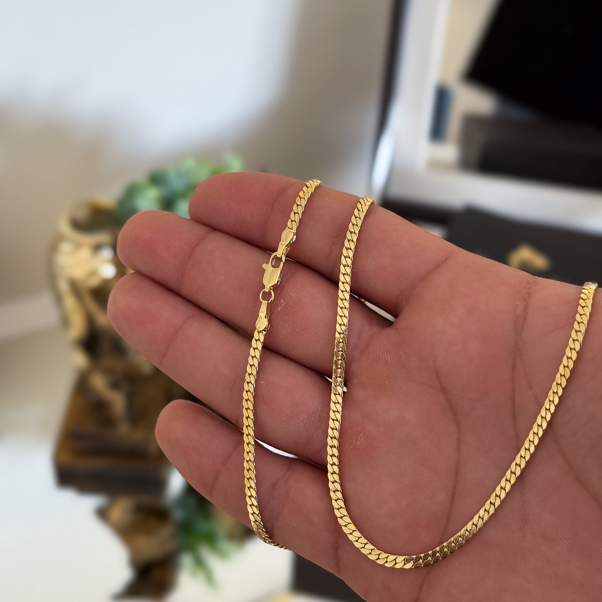 Corrente Grumet Flat 3mm 14gr Fecho Lagosta Banhado A Ouro 18k