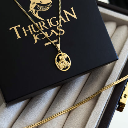 Colar Plaquinha Oval São Jorge Vazado - Corrente Grumet e Pulseira Grumet Flat Banhado A Ouro 18k