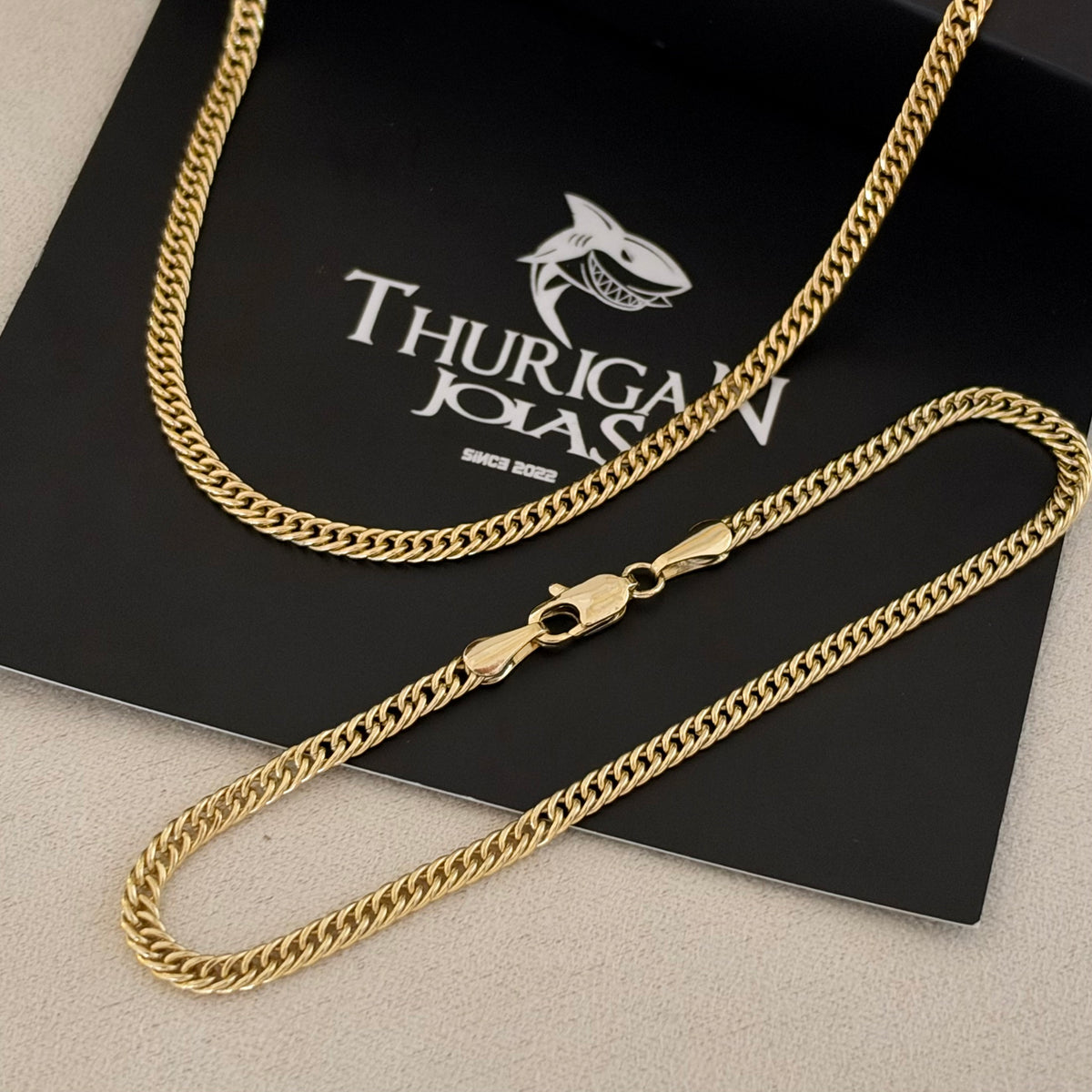 Kit Corrente e Pulseira Lacraia 3mm Fecho Lagosta Banhado A Ouro 18k