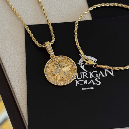 Colar Medalha Rosa Dos Ventos Cravejado P - Corrente e Pulseira Baiana Banhado A Ouro 18k