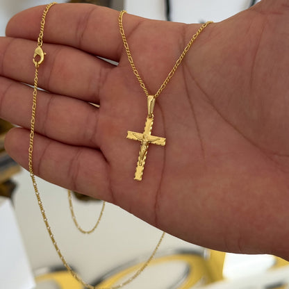 Colar Crucifixo Jesus Na Cruz 3D - Corrente 3 Por 1 Fígaro e Pulseira Piastrine Banhado A Ouro 18k