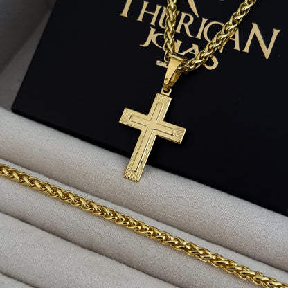Colar Crucifixo Em Alto Relevo - Corrente e Pulseira Palmeira Banhado A Ouro 18k