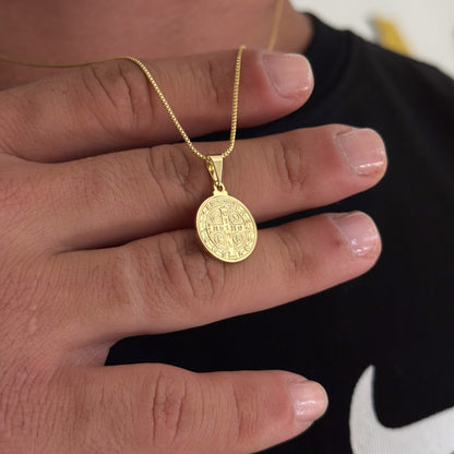 Colar Medalha De São Bento - Corrente Veneziana e Pulseira Grumet Flat Banhado A Ouro 18k