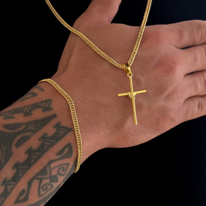 Colar Crucifixo Palito M - Corrente e Pulseira Lacraia Banhado A Ouro 18k