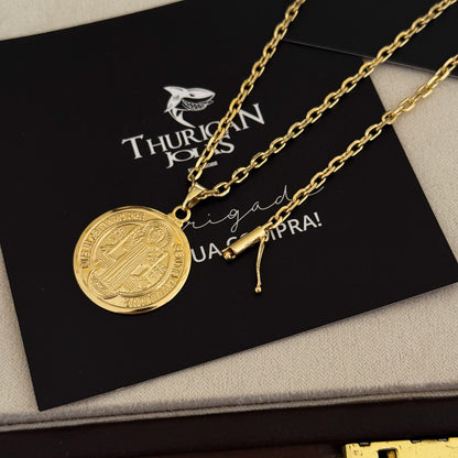 Colar Medalha De São Bento - Corrente e Pulseira Cadeado 2mm Banhado A Ouro 18k