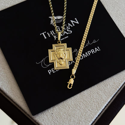 Colar Crucifixo Leão de Judá - Corrente Elo Português e Pulseira Grumet Flat 3mm Banhado A Ouro 18k