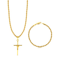 Colar Crucifixo Palito M - Corrente e Pulseira Baiana Banhado A Ouro 18k