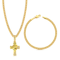 Colar Crucifixo Face De Cristo Detalhado Cravejado P - Corrente e Pulseira Lacraia Banhado A Ouro 18k