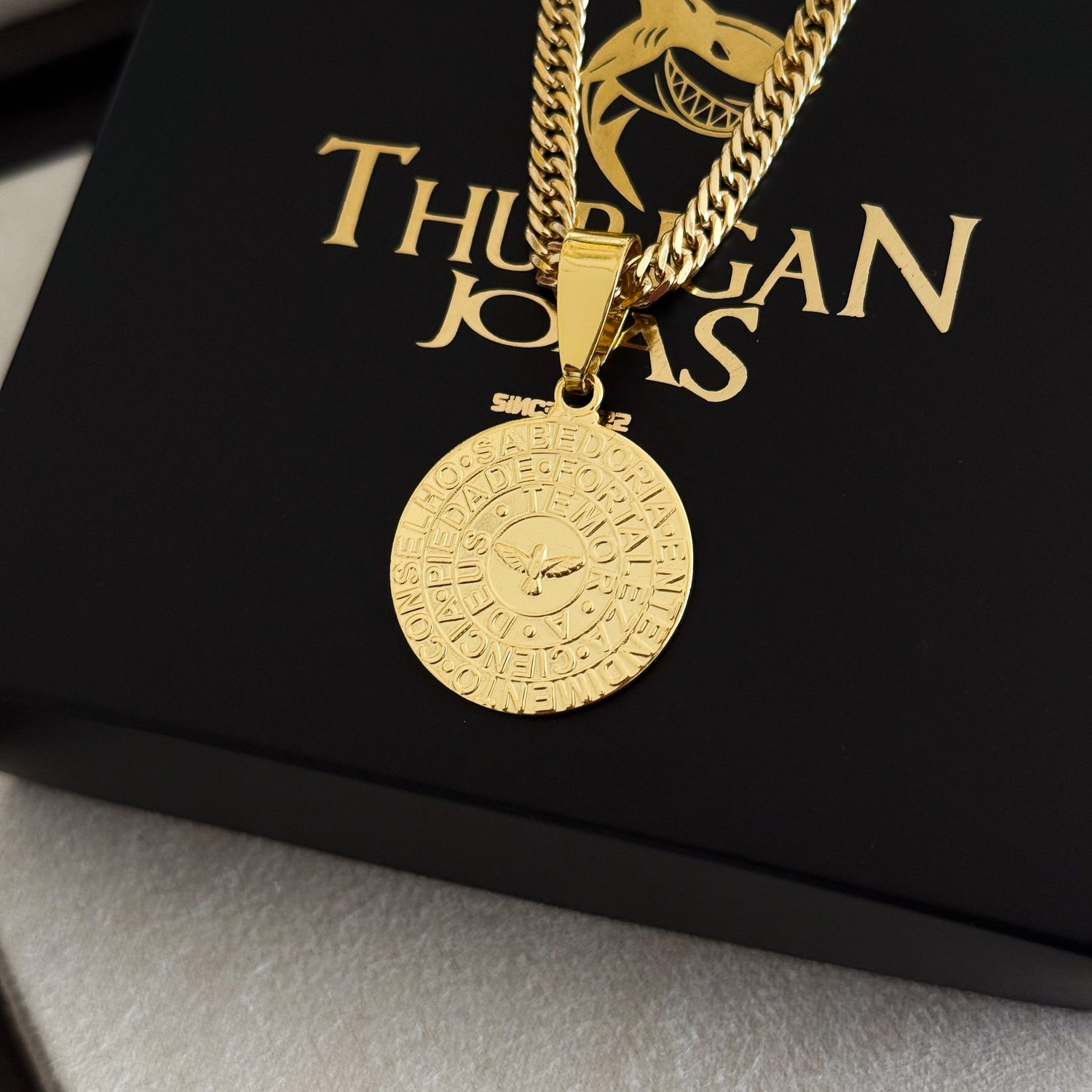 Colar Medalha Espírito Santo Características - Corrente Lacraia Banhado A Ouro 18k