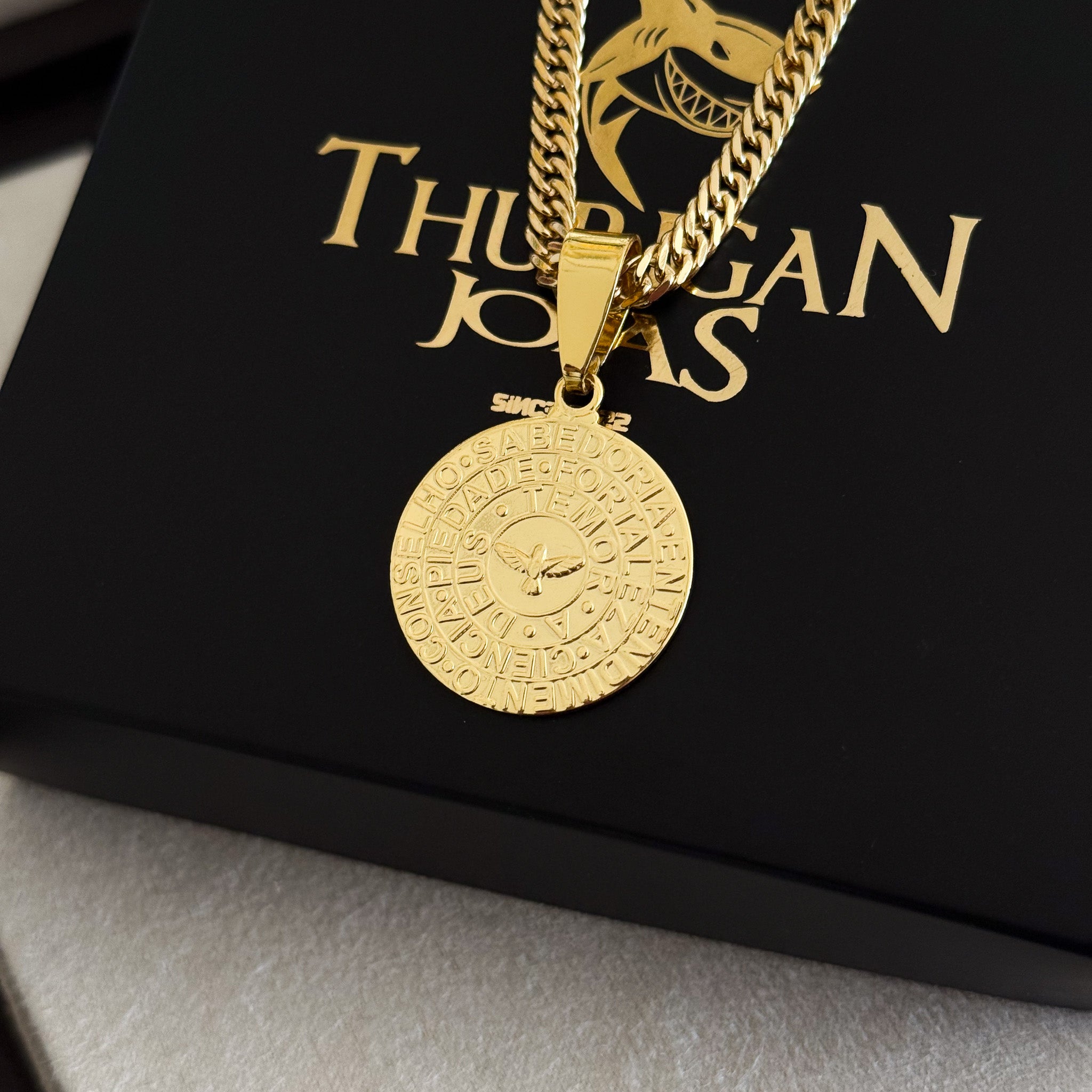 Colar Medalha Espírito Santo Características - Corrente Lacraia Banhado A Ouro 18k