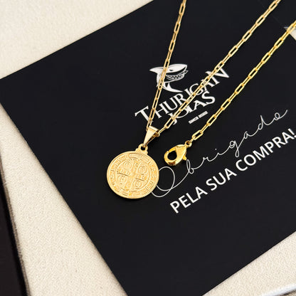 Colar Medalha De São Bento - Corrente e Pulseira Cadeado Alongado Banhado A Ouro 18k