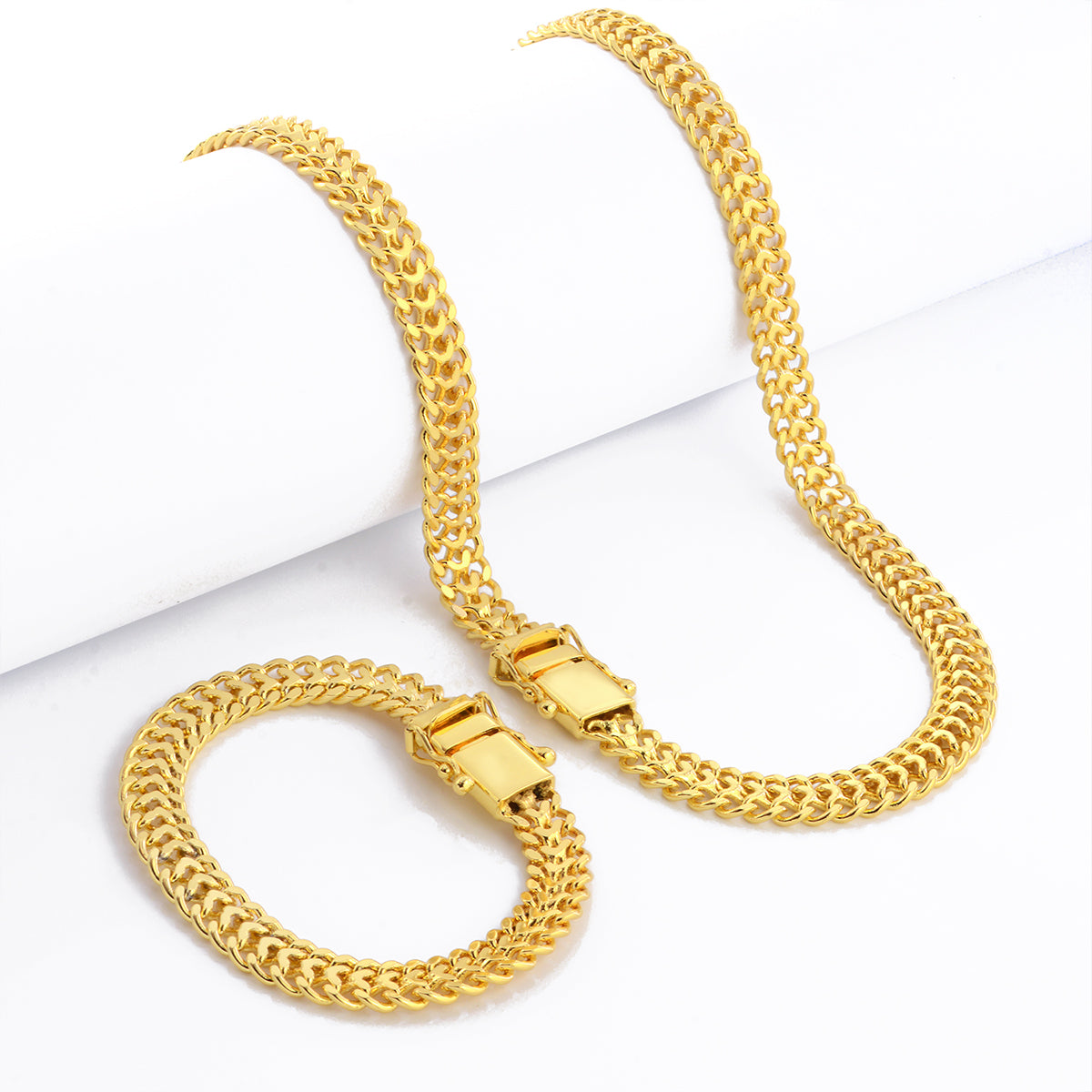 Kit Corrente e Pulseira Grumet Dupla 9mm Fecho Duplo Banhado A Ouro 18k