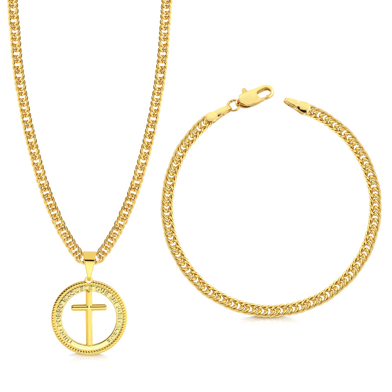 Colar Medalha Com Crucifixo - Corrente e Pulseira Lacraia Banhado A Ouro 18k