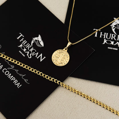 Colar Medalha De São Bento - Corrente Veneziana e Pulseira Grumet Banhado A Ouro 18k