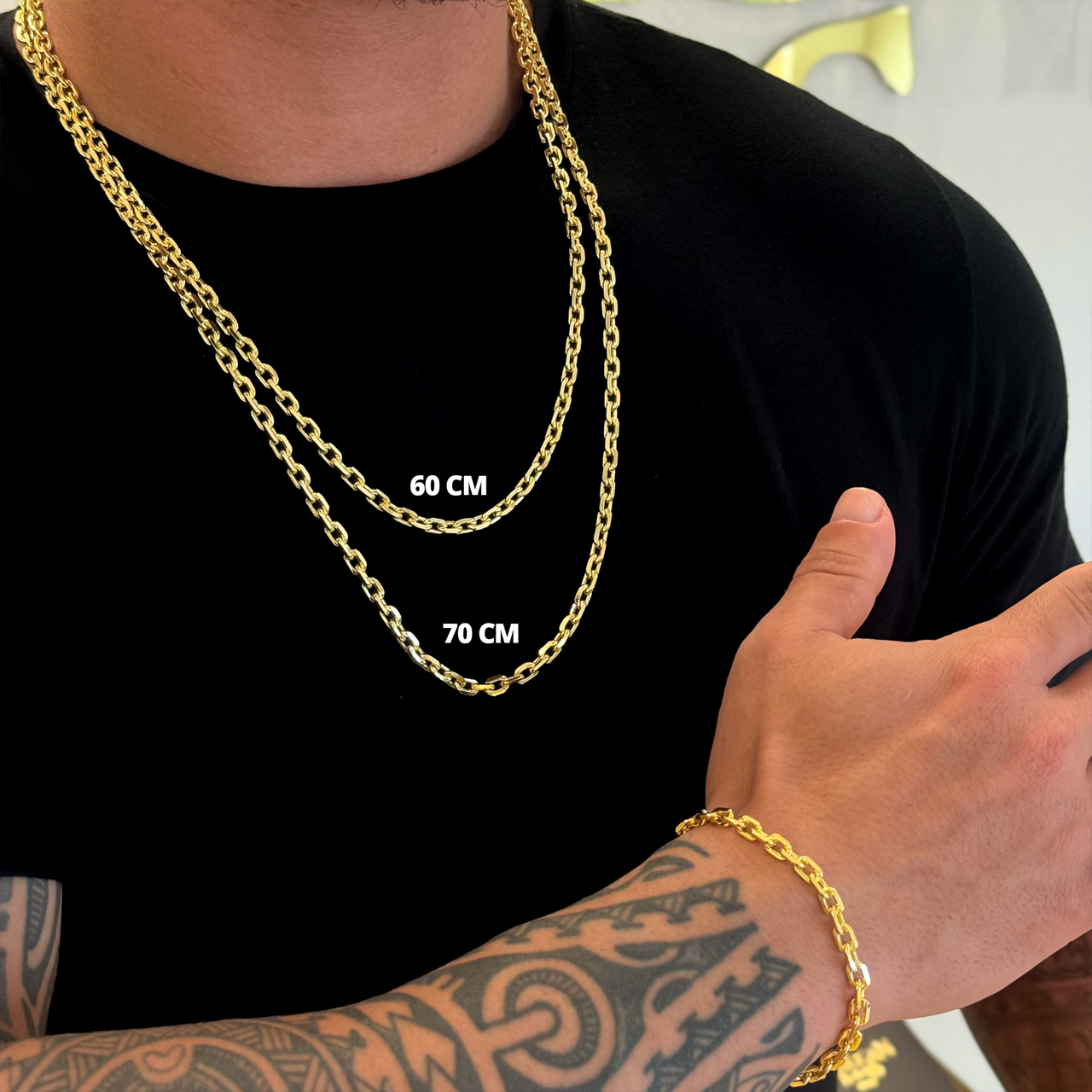 Kit Corrente e Pulseira Cadeado 5mm Fecho Duplo Banhado A Ouro 18k