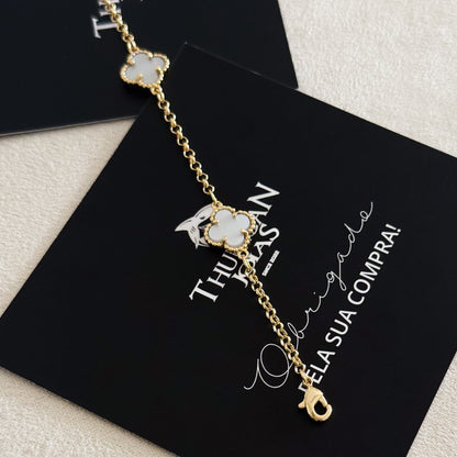 Pulseira Elo Português 2mm Trevo Safira Banhado A Ouro 18k