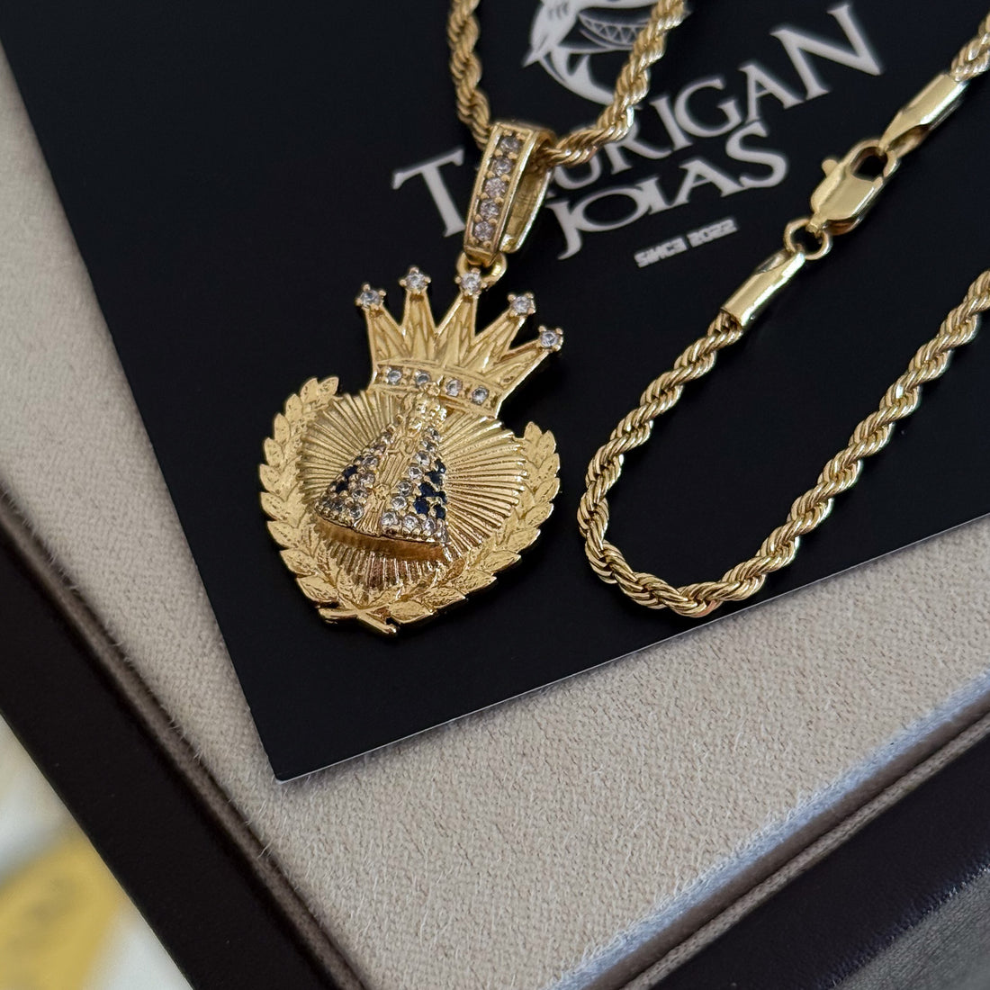 Colar Coração N. Sra. Aparecida Cravejado P - Corrente e Pulseira Baiana Banhado A Ouro 18k