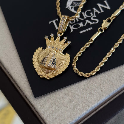 Colar Coração N. Sra. Aparecida Cravejado P - Corrente e Pulseira Baiana Banhado A Ouro 18k